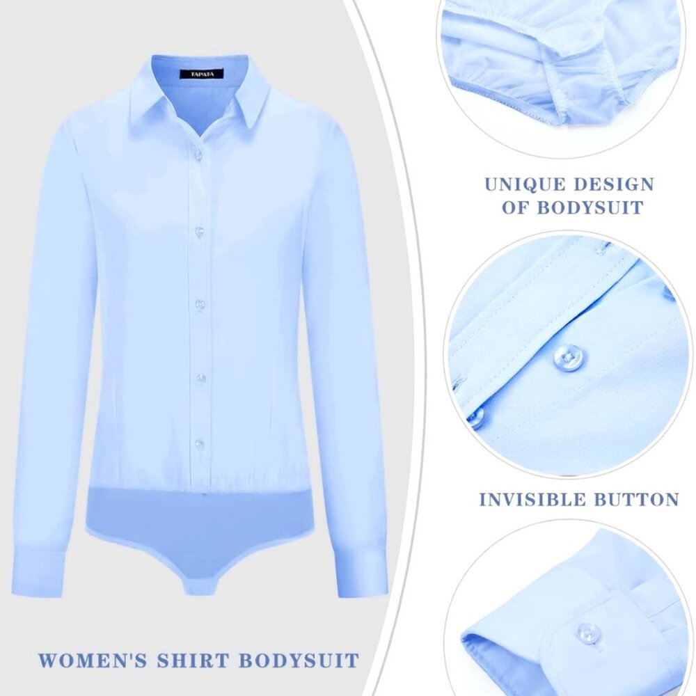 Womens Bodysuit Blouse Button Down One-Piece Long Sleeve Solid Office Work Shirt